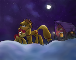 Size: 1280x1024 | Tagged: safe, artist:moon petals, apple bloom, applejack, g4, barn, moon, night