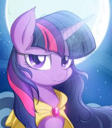 Size: 1400x1600 | Tagged: safe, artist:kyodashiro, twilight sparkle, alicorn, pony, g4, bedroom eyes, brooch, cape, clothes, female, jewelry, lens flare, looking at you, mare, moon, night, portrait, smiling, solo, twilight sparkle (alicorn), windswept mane