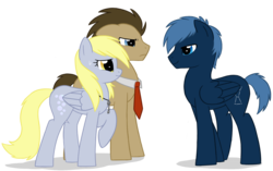 Size: 1551x977 | Tagged: safe, artist:fire-girl872, derpy hooves, doctor whooves, star hunter, time turner, earth pony, pegasus, pony, g4, doctor who, female, jack harkness, mare, necktie, ponified, simple background, the doctor, torchwood, transparent background, trio