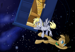 Size: 2500x1738 | Tagged: safe, artist:pancake-ss, derpy hooves, doctor whooves, time turner, pegasus, pony, g4, :t, doctor who, female, mare, tardis