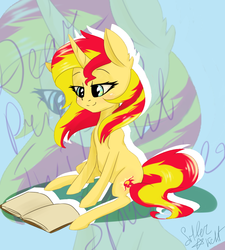 Size: 900x1000 | Tagged: safe, artist:silbersternenlicht, sunset shimmer, pony, unicorn, g4, book, female, sitting, solo