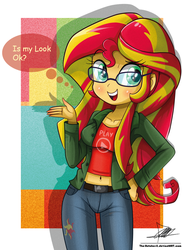 Size: 881x1212 | Tagged: safe, artist:the-butch-x, sunset shimmer, equestria girls, g4, adorkable, belly button, blushing, clothes, cute, dork, female, glasses, hipster, looking at you, meganekko, midriff, open mouth, pants, shimmerbetes, shorts, signature, smiling, solo, sunspecs shimmer, thought bubble