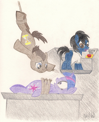 Size: 1540x1885 | Tagged: safe, artist:drawponies, doctor whooves, time turner, twilight sparkle, oc, g4, pencil drawing, scientist, traditional art