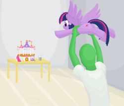 Size: 519x444 | Tagged: safe, artist:furseiseki, twilight sparkle, oc, oc:anon, alicorn, human, pony, g4, chocolate milk, duo, everything is ruined, female, holding, holding a pony, let's fly to the castle, mare, meme, spilled milk, spread wings, this will end in explosions, this will end in pain, this will end in tears, throwing, twilight sparkle (alicorn)