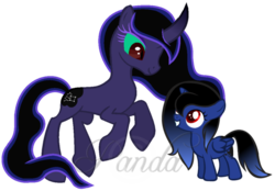 Size: 668x466 | Tagged: safe, artist:ipandacakes, oc, oc only, oc:nightfly, oc:stellar moon, alicorn, pony, alicorn oc, interdimensional siblings, ms paint, offspring, parent:king sombra, parent:princess luna, parents:lumbra, simple background, solo, transparent background