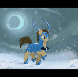 Size: 909x900 | Tagged: safe, artist:caycowa, doctor whooves, time turner, g4, antlers, armor, blizzard, crescent moon, male, new lunar republic, snow, snowfall, solo