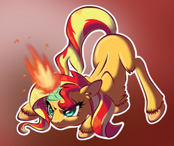 Size: 787x659 | Tagged: safe, artist:tami-kitten, sunset shimmer, pony, unicorn, g4, action pose, blank flank, female, fiery shimmer, fire, magic, pyromancy, simple background, solo, unshorn fetlocks