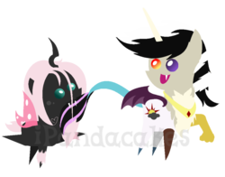 Size: 900x704 | Tagged: safe, artist:ipandacakes, oc, oc only, oc:chaotic, oc:pomf puff, hybrid, changeling oc, chibi, duo, interspecies offspring, magical lesbian spawn, offspring, parent:discord, parent:oc:fluffle puff, parent:princess celestia, parent:queen chrysalis, parents:canon x oc, parents:chrysipuff, parents:dislestia, pointy ponies