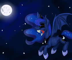 Size: 6000x5000 | Tagged: safe, artist:lisa400, princess luna, bat pony, demon, pony, g4, absurd resolution, anorexic, bat ponified, black sclera, fangs, female, lunabat, moon, painting, race swap, scrunchy face, sharp teeth, skinny, solo, thin