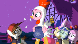 Size: 1366x768 | Tagged: safe, screencap, alula, noi, pinkie pie, pipsqueak, piña colada, pluto, earth pony, pony, g4, luna eclipsed, animal costume, chicken pie, chicken suit, clothes, colt, costume, male, nightmare night costume, princess noi