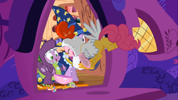 Size: 1366x768 | Tagged: safe, screencap, pinkie pie, spike, twilight sparkle, g4, luna eclipsed, clothes, cosplay, costume, dragon costume, dragonception, nightmare night costume, star swirl the bearded costume, twilight the bearded