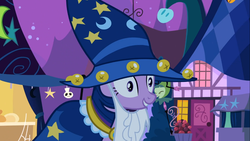 Size: 1366x768 | Tagged: safe, screencap, twilight sparkle, pony, unicorn, g4, luna eclipsed, clothes, cosplay, costume, female, mare, nightmare night costume, smiling, solo, star swirl the bearded costume, twilight the bearded, unicorn twilight