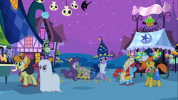 Size: 1366x768 | Tagged: safe, screencap, carrot cake, carrot top, cup cake, golden harvest, spike, twilight sparkle, g4, luna eclipsed, clothes, cosplay, costume, dragon costume, dragonception, nightmare night costume, star swirl the bearded costume, twilight the bearded