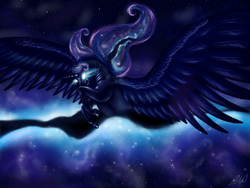 Size: 1600x1200 | Tagged: safe, artist:ablm, princess luna, g4, dream walker luna, dreamscape, epic, female, flying, glowing eyes, hoers, realistic, solo, spread wings