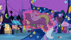 Size: 1366x768 | Tagged: safe, screencap, spike, twilight sparkle, g4, luna eclipsed, clothes, cosplay, costume, dragon costume, dragonception, nightmare night costume, star swirl the bearded costume, twilight the bearded