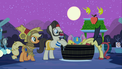 Size: 1366x768 | Tagged: safe, screencap, ace point, applejack, carrot top, golden harvest, lemon hearts, earth pony, pony, unicorn, g4, luna eclipsed, apple bobbing, background pony, clothes, costume, facial hair, female, hat, male, mare, moustache, nightmare night, nightmare night costume, scarecrow, stallion
