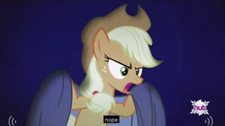 Size: 628x351 | Tagged: safe, screencap, applejack, bats!, g4, female, hub logo, meme, nope, solo, youtube caption