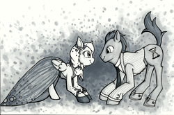 Size: 3304x2191 | Tagged: safe, artist:augustraes, derpy hooves, doctor whooves, time turner, pegasus, pony, g4, clothes, dress, female, gala dress, grayscale, high res, male, mare, monochrome, ship:doctorderpy, shipping, straight
