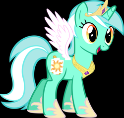 Size: 900x858 | Tagged: safe, artist:thehappychangeling, lyra heartstrings, princess celestia, alicorn, pony, g4, alicornified, clothes, costume, fake wings, female, lyracorn, race swap, solo