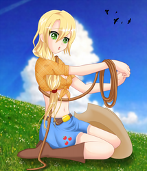 Size: 685x800 | Tagged: safe, artist:srtagiuu, applejack, human, g4, belly button, cute, female, front knot midriff, humanized, kneeling, lasso, midriff, solo, srtagiuu is trying to murder us