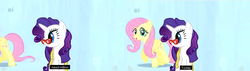 Size: 1235x352 | Tagged: safe, screencap, fluttershy, rarity, g4, suited for success, ei, glasses, meme, youtube caption