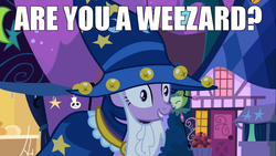 Size: 1366x768 | Tagged: safe, edit, screencap, twilight sparkle, g4, are you a wizard, female, image macro, meme, smiling, solo, weezard, wizard