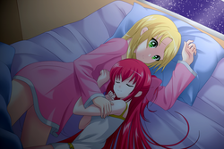 Size: 3100x2066 | Tagged: safe, artist:srtagiuu, apple bloom, applejack, human, g4, adorabloom, applebetes, bed, clothes, cute, duo, female, high res, humanized, jackabetes, pajamas, sisters, sleeping, srtagiuu is trying to murder us