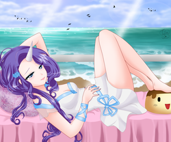 Size: 3000x2500 | Tagged: safe, artist:srtagiuu, rarity, human, g4, breasts, cleavage, clothes, dress, female, flan, high res, horn, horned humanization, humanized, nail polish, ocean, on back, pudding, solo