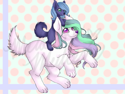 Size: 1600x1200 | Tagged: safe, artist:marshmel-chan, princess celestia, princess luna, dog, g4, cute, dogified, duo, filly, fluffy, frown, looking at you, luna riding celestia, moonmutt, puppy, rearing, riding, s1 luna, size difference, smiling, species swap, sunmutt, woona, younger