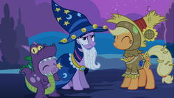Size: 1366x768 | Tagged: safe, screencap, applejack, spike, twilight sparkle, g4, luna eclipsed, clothes, cosplay, costume, dragon costume, dragonception, nightmare night costume, star swirl the bearded costume, twilight the bearded