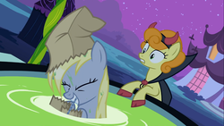 Size: 1366x768 | Tagged: safe, screencap, carrot top, derpy hooves, golden harvest, earth pony, pegasus, pony, g4, luna eclipsed, apple bobbing, clothes, costume, duo, female, mare, nightmare night costume, paper bag, paper bag wizard