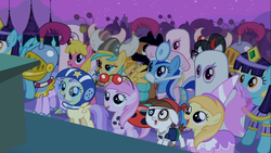 Size: 1366x768 | Tagged: safe, screencap, berry punch, berryshine, cherry berry, minuette, pipsqueak, sunshower raindrops, writing desk, earth pony, pony, g4, luna eclipsed, colt, devil horns, filly, nightmare night, pirate costume