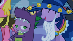 Size: 1366x768 | Tagged: safe, screencap, spike, twilight sparkle, g4, luna eclipsed, clothes, cosplay, costume, dragon costume, dragonception, nightmare night costume, star swirl the bearded costume, twilight the bearded
