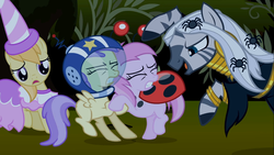 Size: 1366x768 | Tagged: safe, screencap, alula, noi, piña colada, pluto, zecora, zebra, g4, luna eclipsed, princess noi