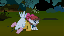 Size: 1366x768 | Tagged: safe, screencap, pinkie pie, pipsqueak, earth pony, pony, g4, luna eclipsed, animal costume, chicken pie, chicken suit, clothes, colt, costume, male