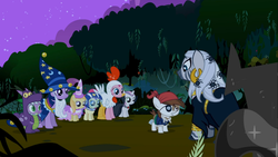 Size: 1366x768 | Tagged: safe, screencap, alula, noi, pipsqueak, pluto, rainbow dash, spike, sweetie belle, twilight sparkle, zecora, earth pony, pony, zebra, g4, luna eclipsed, clothes, colt, cosplay, costume, dragon costume, dragonception, male, nightmare night costume, princess noi, star swirl the bearded costume, twilight the bearded