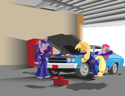 Size: 1300x1000 | Tagged: safe, artist:dekomaru, applejack, pinkie pie, twilight sparkle, pony, g4, bipedal, car, chevrolet, chevrolet chevelle, clothes, garage, toolbox