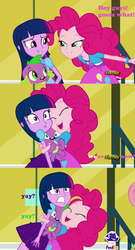 Size: 828x1536 | Tagged: safe, hundreds of users filter this tag, screencap, pinkie pie, spike, twilight sparkle, dog, equestria girls, g4, my little pony equestria girls: rainbow rocks, balloon, boob smothering, bracelet, clothes, cute, discovery family, discovery family logo, fedex, female, hug, jewelry, lidded eyes, love, male, pink text, skirt, smiling, spike the dog, twilight sparkle (alicorn)