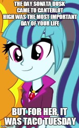 Size: 326x530 | Tagged: safe, edit, sonata dusk, equestria girls, g4, my little pony equestria girls: rainbow rocks, but for me it was tuesday, caption, image macro, m. bison, meme, sonataco, street fighter, street fighter: the movie, taco tuesday, text, that girl sure loves tacos, that siren sure does love tacos