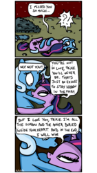 Size: 500x886 | Tagged: safe, artist:foudubulbe, maud pie, trixie, twilight sparkle, pony, unicorn, comic:damp rocks, g4, bedroom eyes, comic, crying, cuddling, female, hallucination, hug, lesbian, mare, night, nightmare, open mouth, rock, ship:mauxie, ship:twixie, shipping, smiling, snuggling, surprised, wide eyes