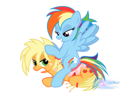 Size: 1600x1200 | Tagged: safe, artist:nightmaremoons, applejack, rainbow dash, earth pony, pegasus, pony, g4, alternate hairstyle, angry, bedroom eyes, female, gritted teeth, holding head, lesbian, mare, rainbow dash riding applejack, riding, saddle, ship:appledash, shipping, show accurate, simple background, spread wings, teasing, transparent background, vector, wingboner