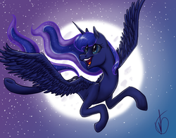 Size: 1023x806 | Tagged: safe, artist:ebonytails, princess luna, g4, female, flying, moon, open mouth, smiling, solo
