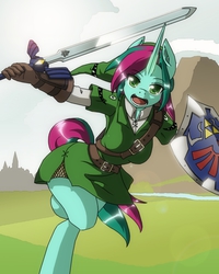 Size: 1200x1500 | Tagged: safe, artist:brillen-schlange, oc, oc only, unicorn, anthro, breasts, clothes, cosplay, female, gloves, hat, hylian shield, hyrule field, link, looking at you, master sword, running, solo, sword, the legend of zelda, tunic, weapon