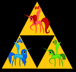 Size: 740x706 | Tagged: safe, artist:midnacookies1425, din, farore, nayru, ponified, the legend of zelda, triforce