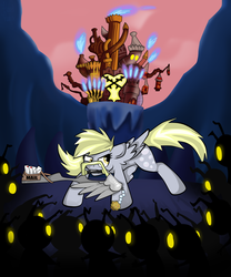 Size: 2500x3000 | Tagged: safe, artist:heedheed, derpy hooves, pegasus, pony, g4, crossover, disney, epic derpy, female, glowing eyes, heartless, high res, hollow bastion, keyblade, kingdom hearts, mare, weapon