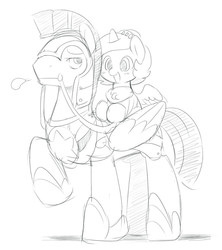 Size: 850x957 | Tagged: safe, artist:ende26, princess luna, alicorn, pegasus, pony, g4, armor, ask, cute, filly, male, monochrome, open mouth, ponies riding ponies, raised hoof, reins, riding, royal guard, sketch, stallion, tumblr, woona, woona knight