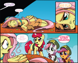 Size: 713x577 | Tagged: safe, artist:brendahickey, edit, idw, apple bloom, fluttershy, scootaloo, sweetie belle, earth pony, pegasus, pony, unicorn, g4, spoiler:comic24, comic, cutie mark crusaders, female, filly, implied cannibalism, mare, ponies eating meat, text edit, waking up