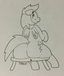 Size: 743x881 | Tagged: safe, artist:zacharyisaacs, derpy hooves, pegasus, pony, g4, bubble butt, butt, dock, embarrassed, large butt, monochrome, park bench, plot, sitting, the ass was fat, wide hips