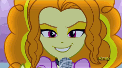 Size: 1606x900 | Tagged: safe, screencap, adagio dazzle, aria blaze, sonata dusk, equestria girls, g4, my little pony equestria girls: rainbow rocks, animated, discovery family, discovery family logo, evil smile, female, grin, high ponytail, long hair, microphone, pigtails, ponytail, smiling, the dazzlings, trio, trio female, twintails, under our spell