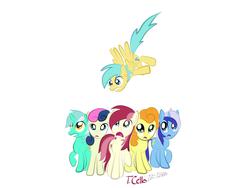 Size: 2048x1536 | Tagged: safe, artist:the super cello, bon bon, carrot top, golden harvest, lyra heartstrings, minuette, roseluck, sunshower raindrops, sweetie drops, earth pony, pegasus, pony, unicorn, g4, background six, female, group, mare, raised hoof, simple background, white background